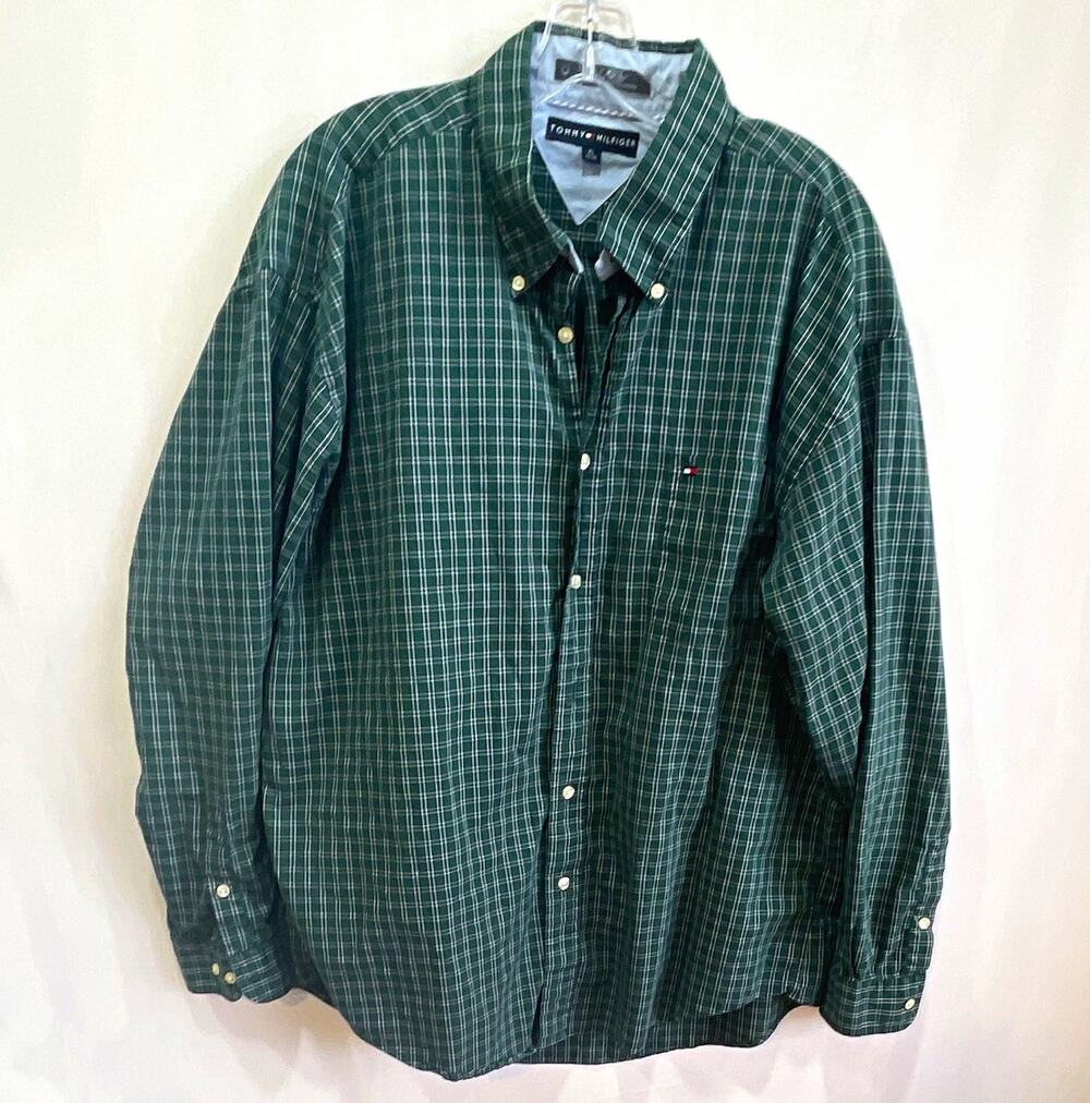 Tommy Hilfiger Mens XL Green White Plaid Cotton Woven Button Down Pocket Shirt
